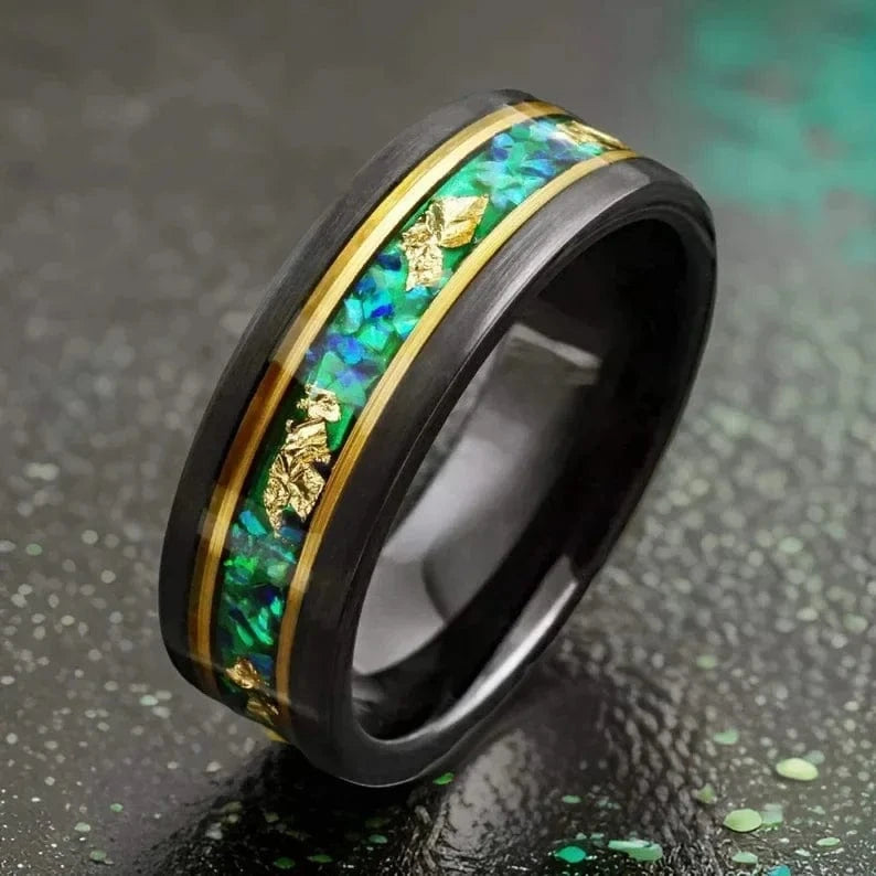 Ring 2. Stainless Steel Men's Ring with Iron Shavings And Gold Leaf Electroplated Black Simple Design Jewelry Accessories Black two gold lines + Green Gold agate stainless steel ring / No. 13 Horaclek