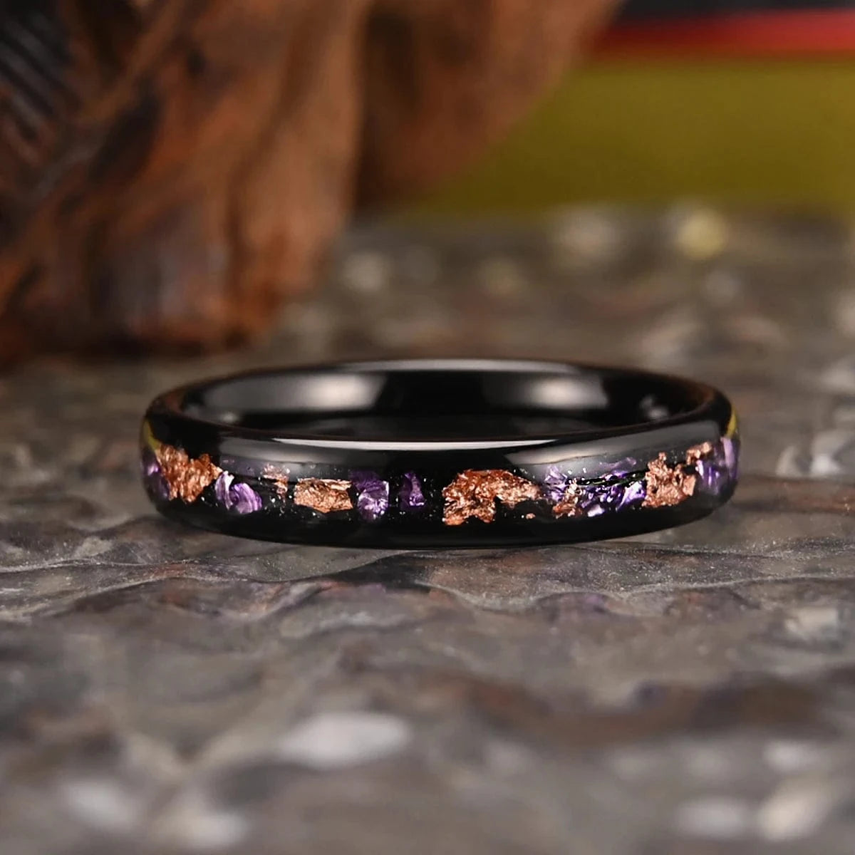 Ring 25. 8mm/4mm Amethyst Tungsten rose Golden Leaf Ring, Wedding Rings for Men and Women, Comfortable for Everyday Wedding Gift Horaclek