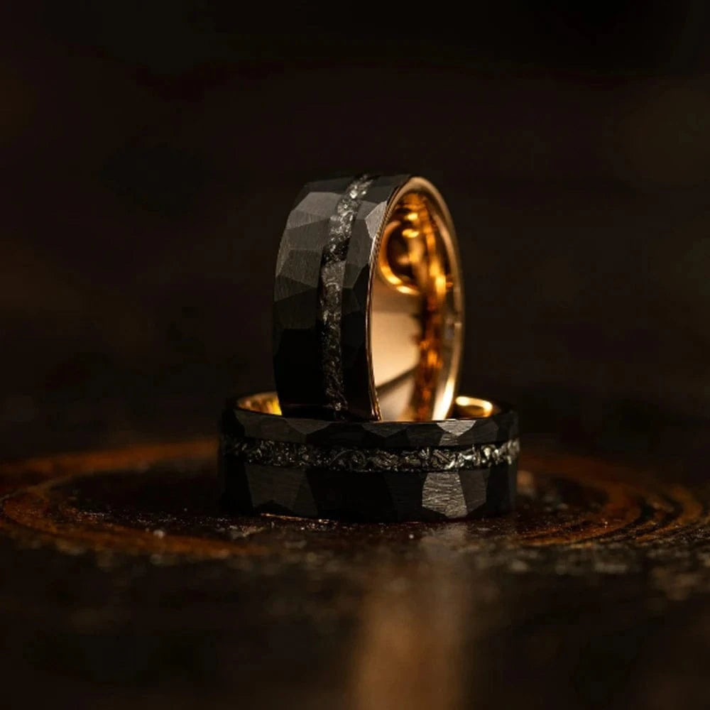 Ring 4. 1pc Men's Black 8mm Faceted Brushed Hammered Black Tungsten Carbide Ring With Meteorite Shavings Inlay Engagement Wedding Band Horaclek