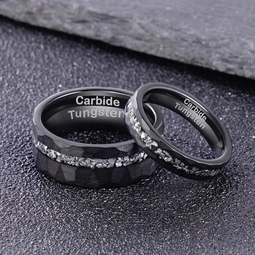 Ring 4. 1pc Men's Black 8mm Faceted Brushed Hammered Black Tungsten Carbide Ring With Meteorite Shavings Inlay Engagement Wedding Band Horaclek
