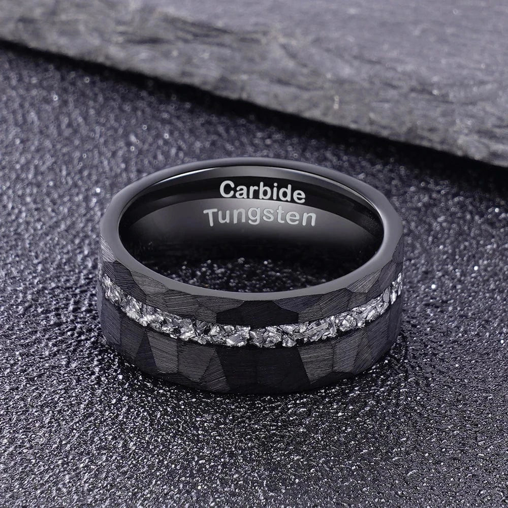 Ring 4. 1pc Men's Black 8mm Faceted Brushed Hammered Black Tungsten Carbide Ring With Meteorite Shavings Inlay Engagement Wedding Band Horaclek