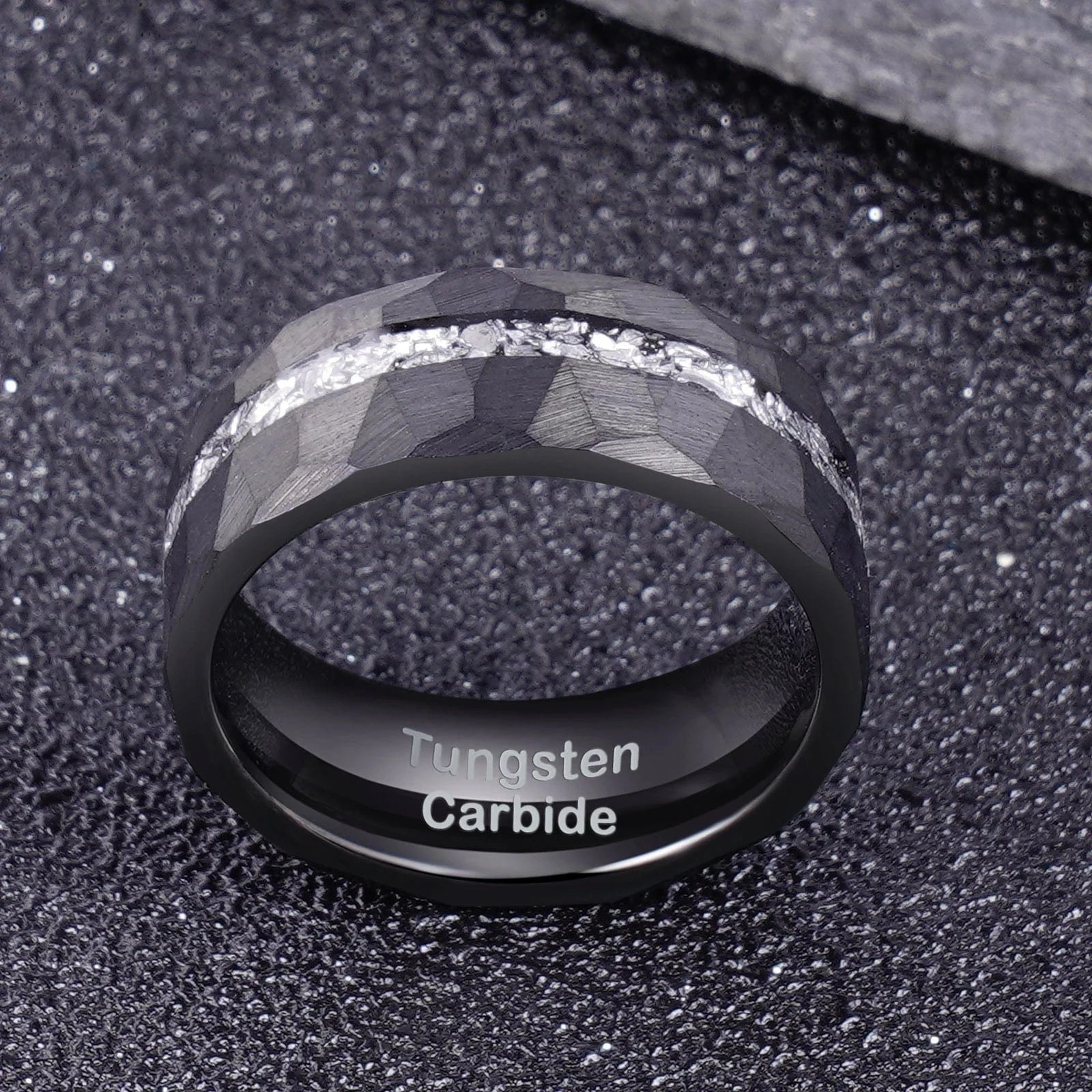 Ring 4. 1pc Men's Black 8mm Faceted Brushed Hammered Black Tungsten Carbide Ring With Meteorite Shavings Inlay Engagement Wedding Band Horaclek
