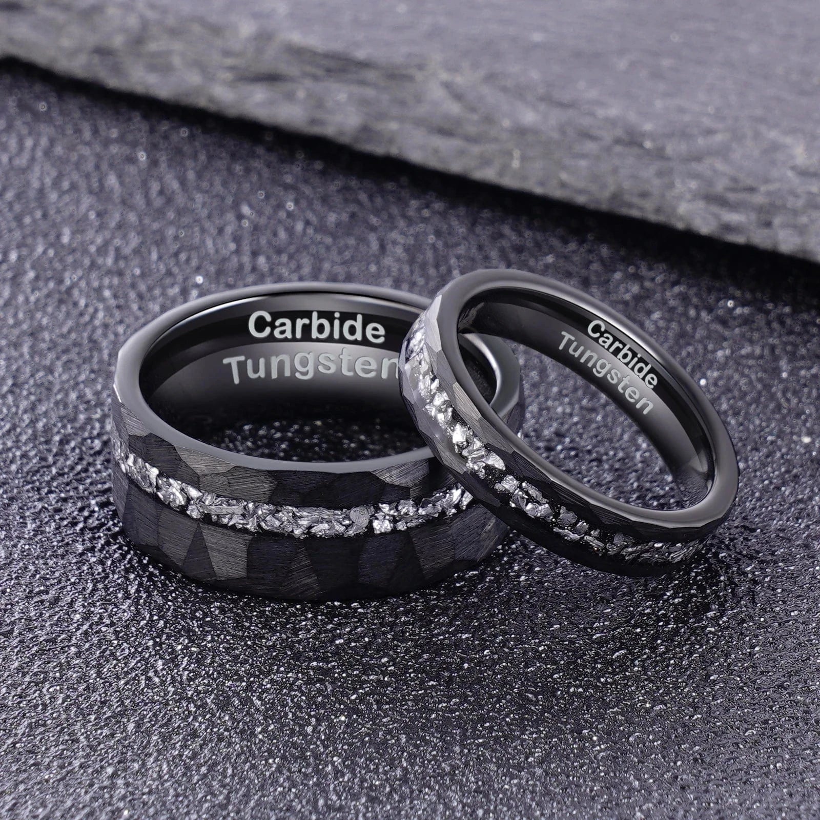 Ring 4. 1pc Men's Black 8mm Faceted Brushed Hammered Black Tungsten Carbide Ring With Meteorite Shavings Inlay Engagement Wedding Band Horaclek