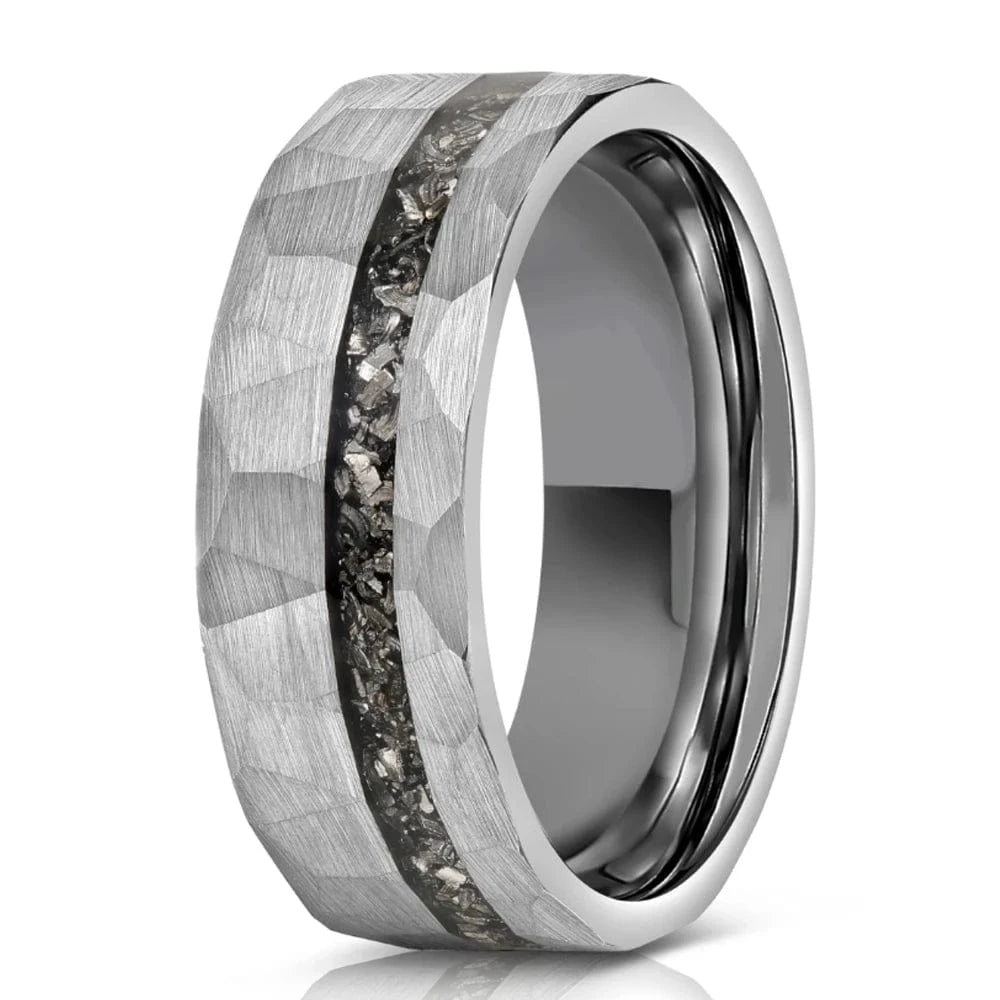 Ring 4. 1pc Men's Black 8mm Faceted Brushed Hammered Black Tungsten Carbide Ring With Meteorite Shavings Inlay Engagement Wedding Band Silvery / 7.5 Horaclek
