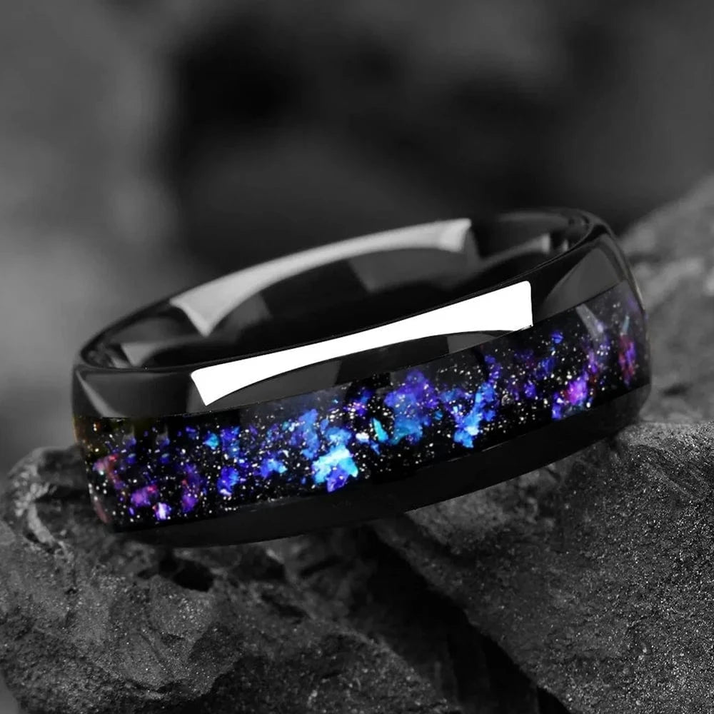 Ring 6. BLUE SANDSTONE HIS AND HERS COUPLE WEDDING RING SET 8 MM - GALAXY SPACE TUNGSTEN PROMISE RINGS FOR COUPLES - MATCHING BANDS Horaclek