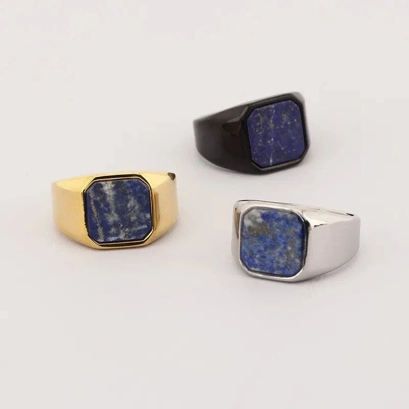 Ring 8. Vintage Square Black Onyx and Amberstone Lapis Lazuli Ring for Men Stainless Steel Wedding Engagement Party Anniversary Gift Horaclek