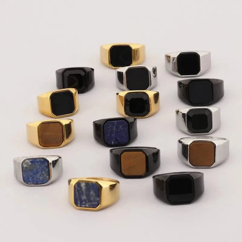 Ring 8. Vintage Square Black Onyx and Amberstone Lapis Lazuli Ring for Men Stainless Steel Wedding Engagement Party Anniversary Gift Horaclek