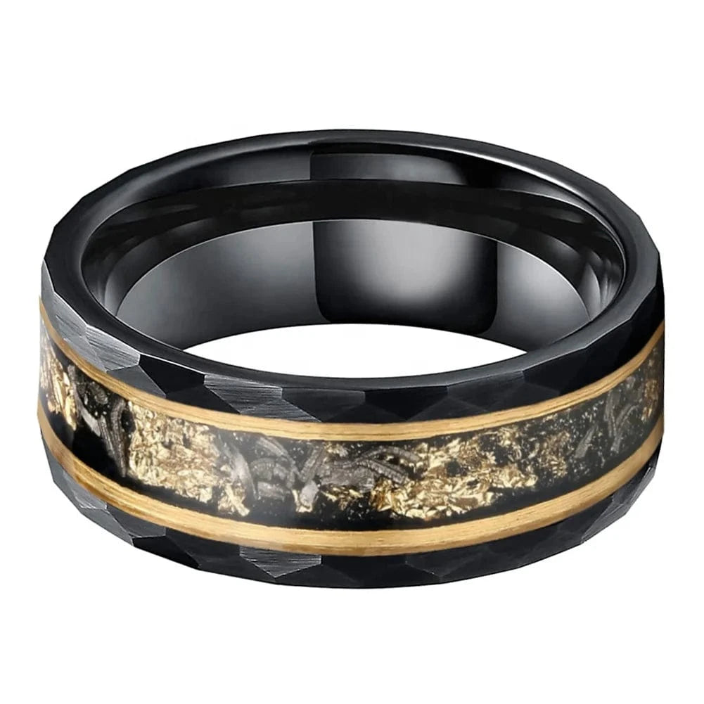 Ring 9. Coolstyle Jewelry 8mm Real Meteorite Chip Gold Foil Inlay Black Tungsten Ring for Men Women Fashion Engagement Wedding Band Horaclek