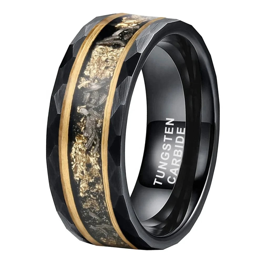 Ring 9. Coolstyle Jewelry 8mm Real Meteorite Chip Gold Foil Inlay Black Tungsten Ring for Men Women Fashion Engagement Wedding Band Horaclek