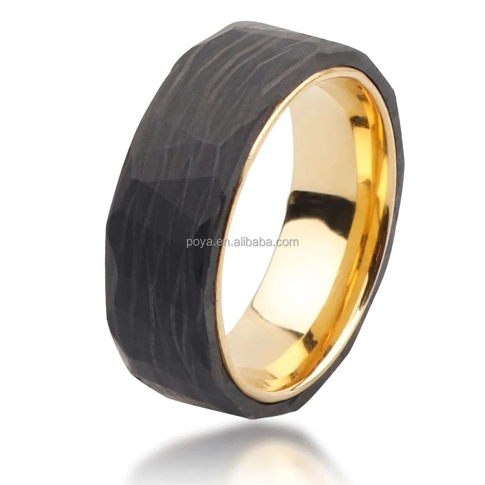 Ring POYA 8mm Black Hammered Forged Carbon Fiber Gold Plated Tungsten Inlay Wedding Band for Men Black / 11.5 Horaclek Tungsten