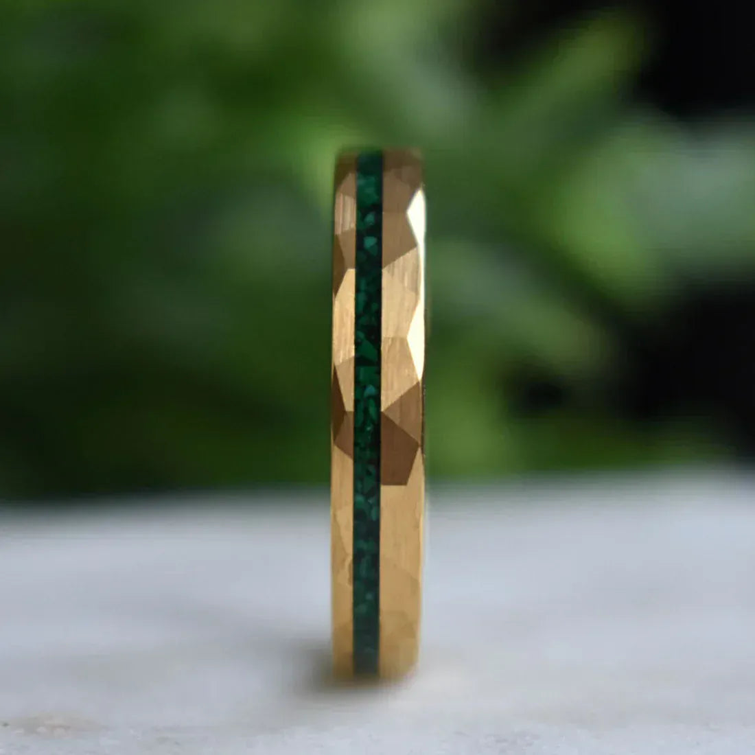 Ring Tungsten 4mm Hammered Gold Ring with Malachite Inlay My Store