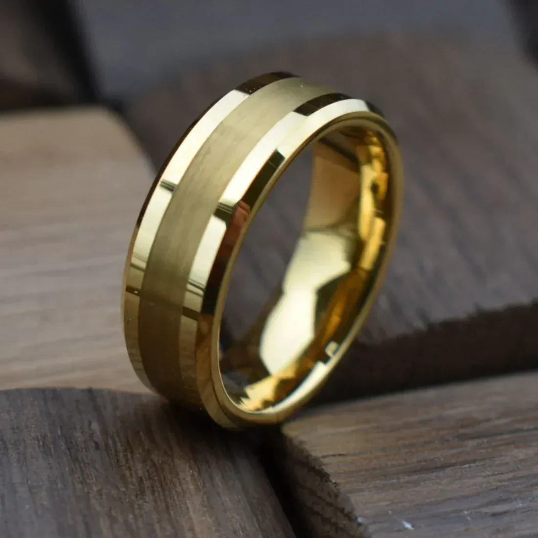 Ring Tungsten 8mm Brushed Gold Ring with High Polished Edges My Store