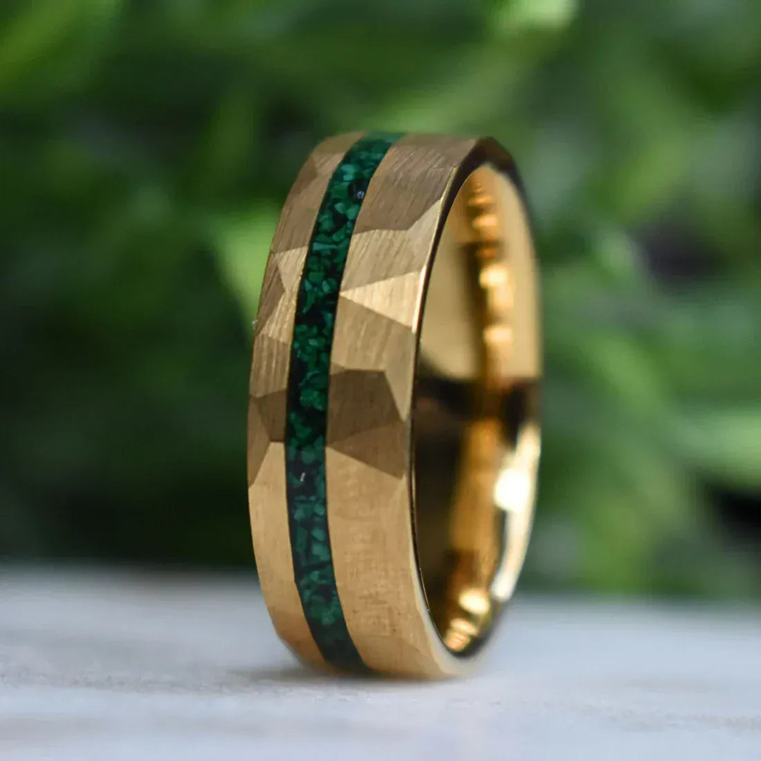 Ring Tungsten 8mm Hammered Gold Ring with Malachite Inlay My Store