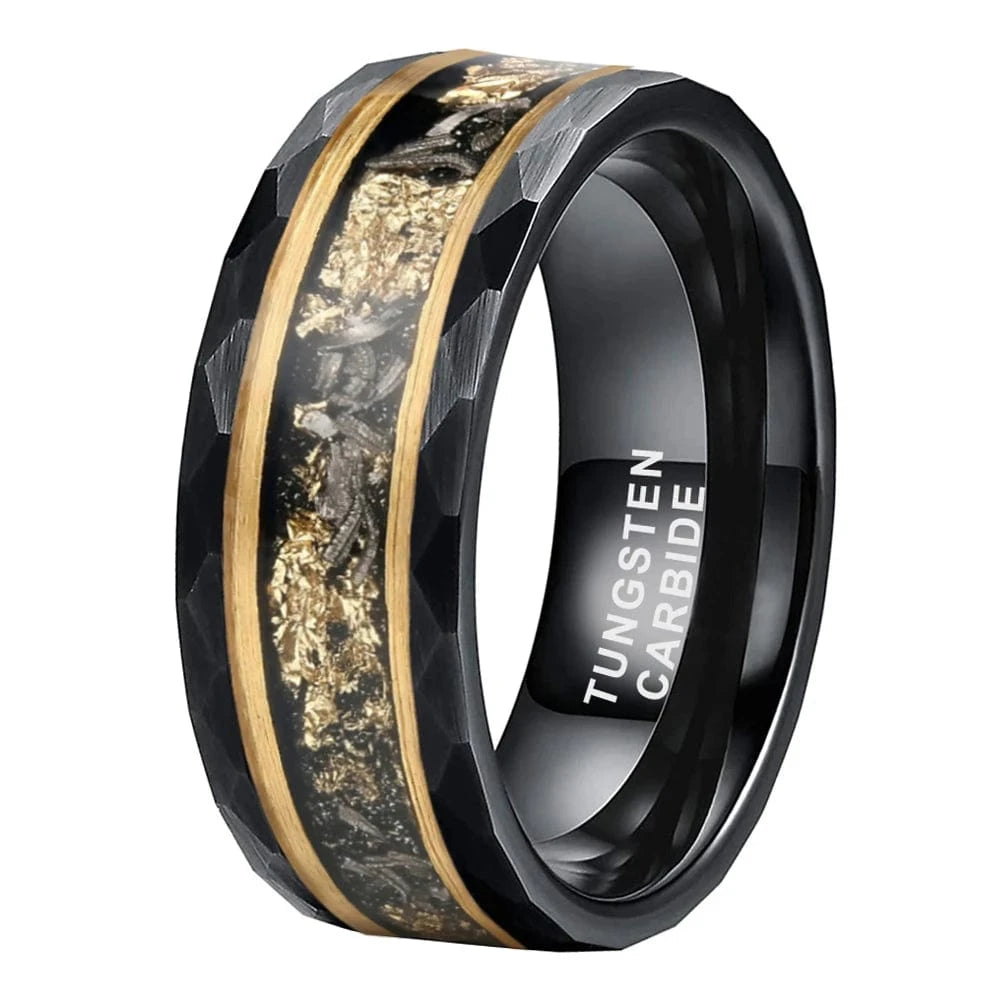Ring 9. Coolstyle Jewelry 8mm Real Meteorite Chip Gold Foil Inlay Black Tungsten Ring for Men Women Fashion Engagement Wedding Band 8mm Black Tungsten / Hammered / 6 Horaclek