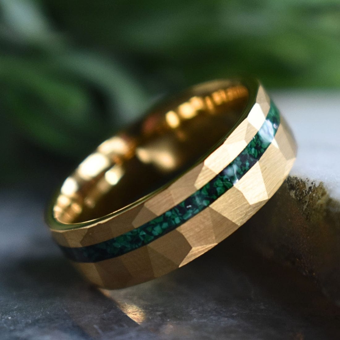 Ring Tungsten 8mm Hammered Gold Ring with Malachite Inlay My Store