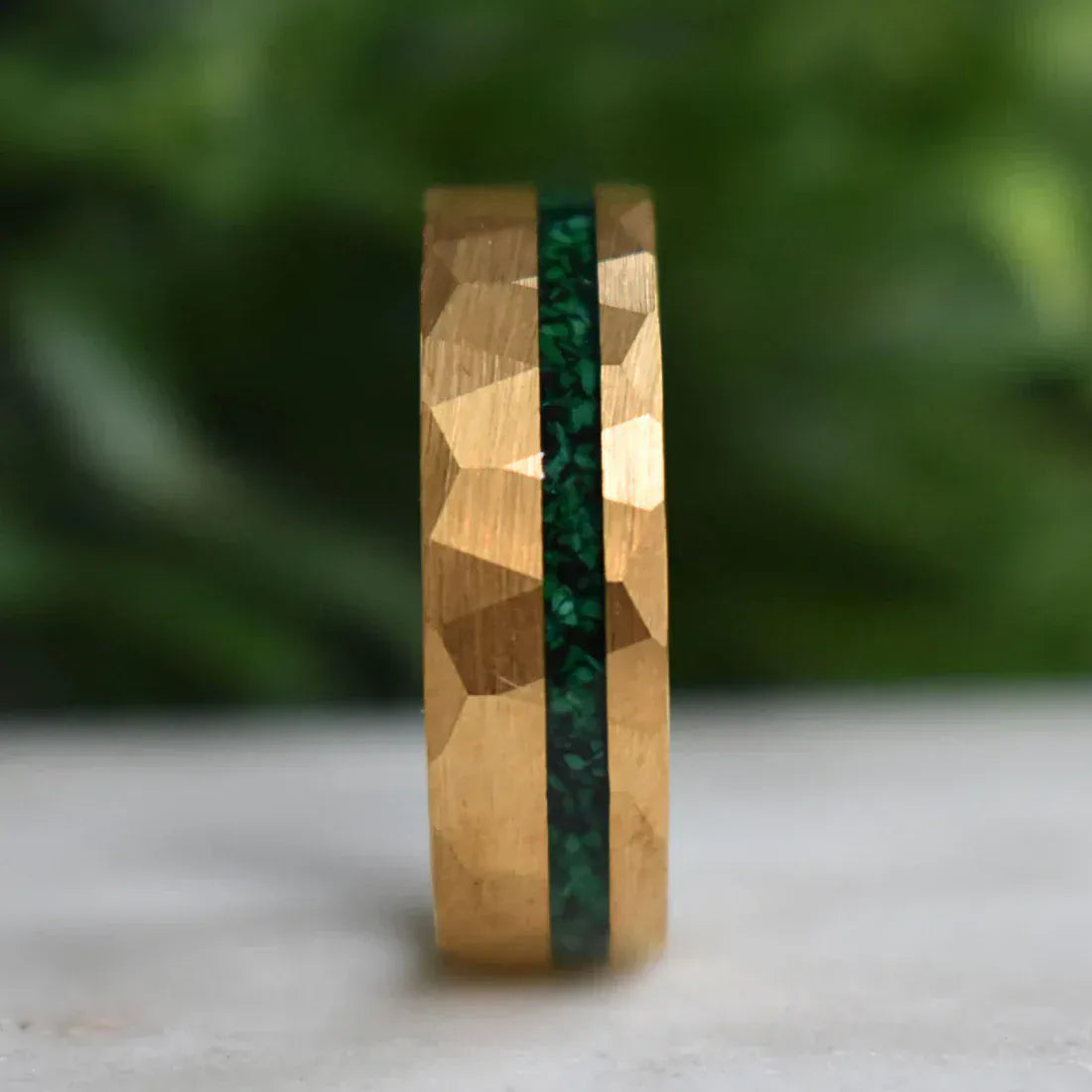 Ring Tungsten 8mm Hammered Gold Ring with Malachite Inlay My Store